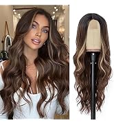 VERNA Highlight Brown Wavy Wig For Women - 26'' Long Brown Highlighted Blonde Wig with Lace, Natu...