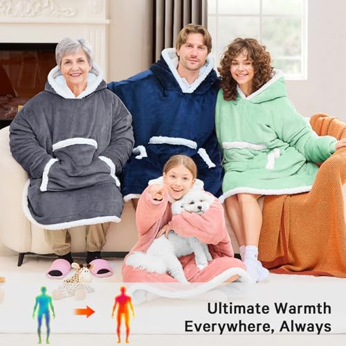 JOYWOO Pink Kids Wearable Blanket Hoodie,Oversized Cat lovers Hoodie Blanket for kids & Teens,Birthday Gifts for Girl Boys,Warm Cozy Fuzzy Sherpa Fleece Blankets with Giant Pocket Gifts,Mellow Rose