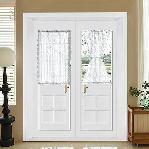 TUDECO Lace Front Door Curtains for Glass Window 2 Panels 40 inches Long - Vintage Floral White Small Curtain for Back Door, Light Filtering Privacy Small Half Window Curtains with 2 Tieback W52 x L40