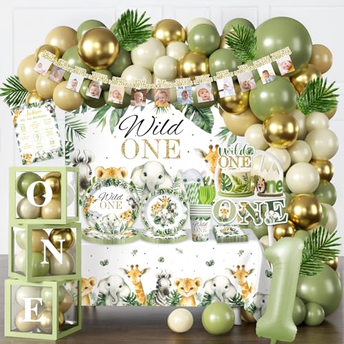 cocomigo 237pcs Wild One Birthday Decorations Complete Party Set Serves 20 Guests Safari Birthday Decorations Wild One Safari Jungle Theme 1st Party Supplies for Boys Girls