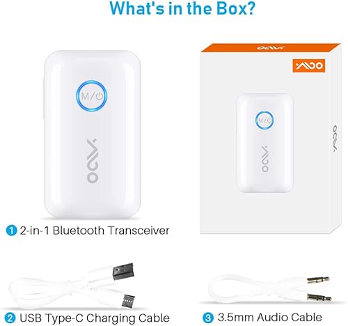 Miniatura 8 de YMOO Transmisor Receptor Bluetooth 5.3 para 2 Auriculares InalámbricosAltavozAvión, Adaptador de Audio Bluetooth AUX Jack de 3.5mm, 22h Largo