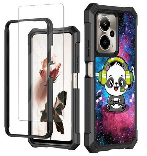 RAUEDWDJS for Cricket Outlast 5G 2024/AT&T Motivate Pro 5G Case with Tempered Glass Screen Protector,Full-Body Hard PC & Soft TPU Bumper Shockproof Protective Cover-Music Panda