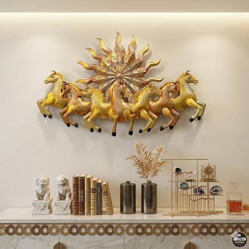 Image of Anshika International 7 Running Horses Metal Wall Decor with Sun LED Light - Vastu Feng Shui Lucky Horses Wall Hanging for Living Room, Hall & Office - Gold Copper Finish Metal Wall Art (37 x 23 Inch)