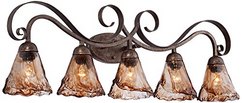 Image of Franklin Iron Works Amber Scroll Rustic Vintage Wall Mount Light Golden Bronze Silver Metal 37 1 /4 inch Wide 5-Light Vanity Fixture Organic Art Glass Shades Decor for Bathroom Over Mirror House Home
