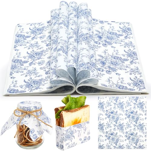 Marspark 100 Sheets Blue Floral Wax Paper for Food Wrapping 11.4 x 11 Inches Spring Floral Food Basket Parchment Paper for Picnic Wedding Candy Cookies Baking Sandwich Burgers Greaseproof Wrapping