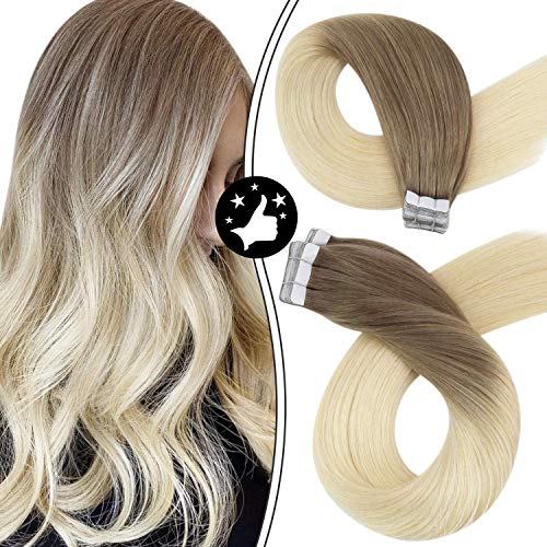 Tape in Extensions Ombre 16 Inch Remy Tape in Hair Extensions Color #6 Brown Ombre to #613 Bleach Blonde Extensions Natural Human Hair 20 Pieces 50 Gram Siky Straight