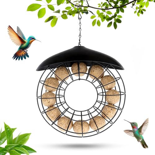 GZRXIOU Distributeur de Boules de Graisse Distributeur Boules Mangeoire, Graisse avec Toit pour Balcon et Jardin, Porte Boules de Graisse Noir Rond, Utilisation Toute...