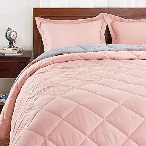 Basic Beyond Down Alternative Comforter Set (Queen, Coral/Grey) - Reversible Bed Comforter with 2 Pillow Shams for All Seasons