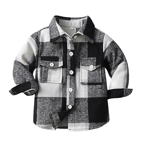 Toddler Boys Girls Plaid Button Down Jacket Kids Fashion Fleece Lined Block Color Outerwear Tops with Pockets 3M-8T