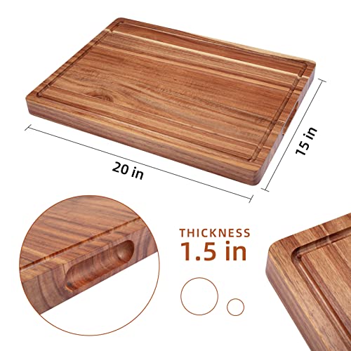 Large Wood Cutting Board for Kitchen, 20 x 15 Inch Acacia Wood Cutting Board with Deep Juice Groove, 1.5" Thick Butcher Block Cutting Board for Meat Vegetables, Turkey Tray for Christmas