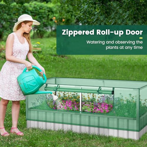 HAPPYGRILL Galvanized Raised Garden Bed with Cover, 69” x 36” x 28” Galvanized Raised Planter Box with Roll up Window, A Pair of Gloves & 8PCS T Tags, Outdoor Planter Raised Beds for Flowers, Herbs