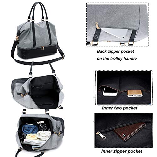 Womens Travel Weekend Bag Canvas Overnight Carry on Shoulder Duffel Beach Tote Bag (Grey with shoe compartment)