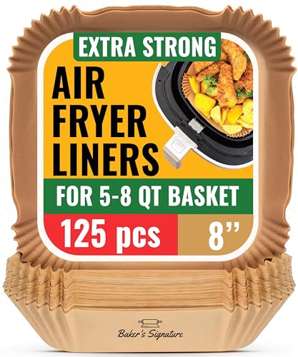 Air Fryer Paper Liners, 125Pcs Air Fryer Disposable Liners, Non-Stick and Oil Proof for Easy Cleanup, 8” Square for 5-8 qt Basket by Baker's Signature