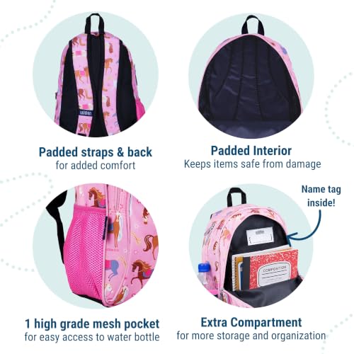 Image of Wildkin 15 Inch Backpack for Kids, Horses | Ages 5-10, padded straps, side water bottle pocket - coordinates with matching Wildkin lunch boxes and water bottles