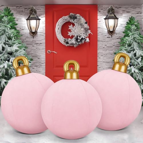 Jetec 3 Pcs 32 Inch Giant Velvet Christmas Inflatable Balls Ornament Flocked Xmas PVC Inflatable Flocked Ball Ornaments for Christmas Holiday Outdoor Blow up Yard Decor(Pink)
