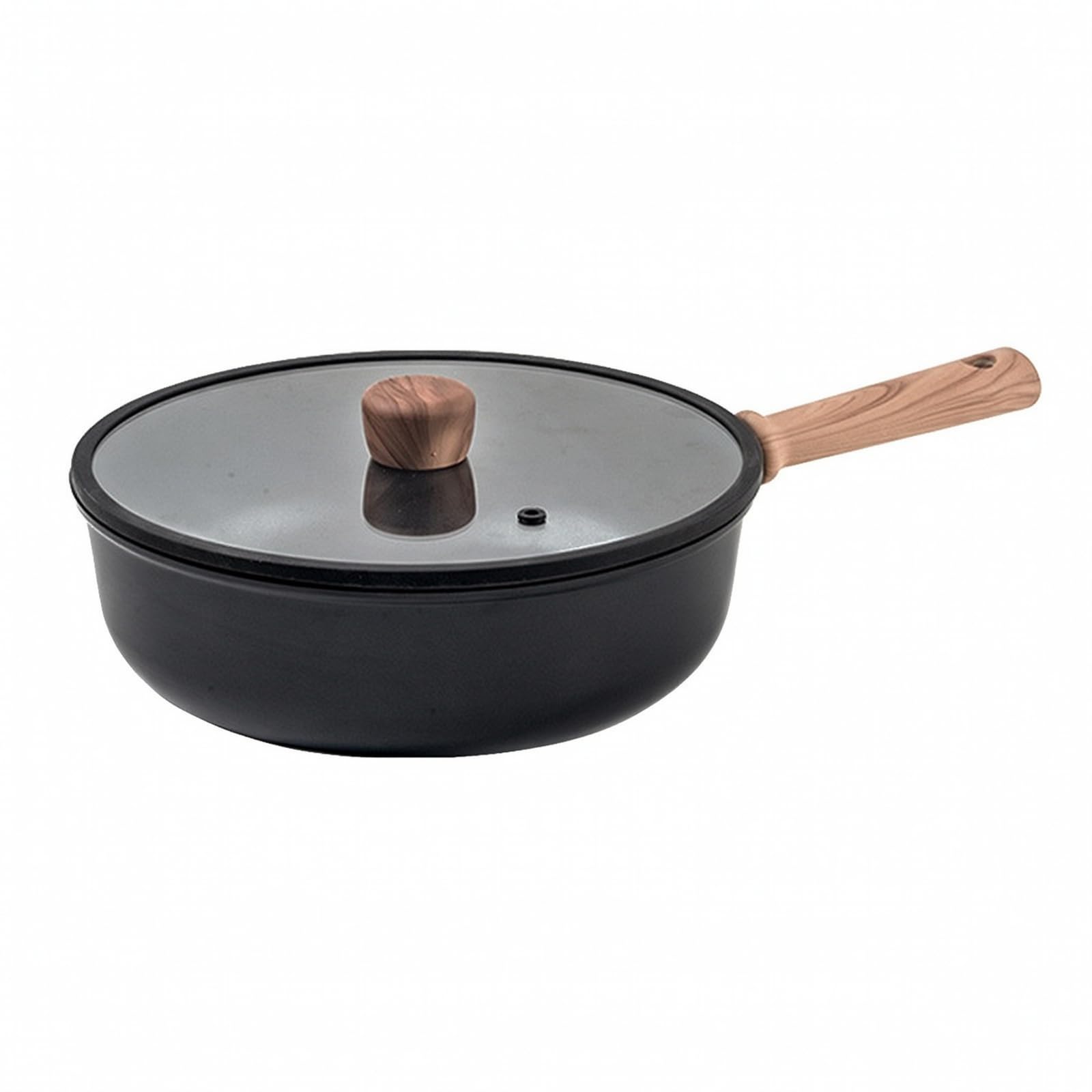 Wok con Manico Effetto Legno Resistente Al Pentola per Compatte, 30CM, Wok Con Coperchio