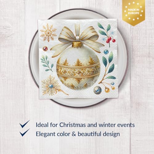 PAW - Christmas Luncheon Napkins 6,5'' x 6,5'', White and Gold Disposable Paper Napkins with Bauble, Elegant Lunch Napkins for Winter Birthdays, Christmas Parties, New Years, Decoupage, 50 Count – Image 2
