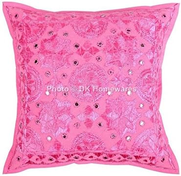 Bohemian Decorative Sofa Throw Pillowcases 16 x 16 Inch Cotton Mirrored Embroidered Indian Square Couch Cushion Covers (Size - 40x40 cm ; Color: Pink) - Set of 4 Pcs (Cover Only)