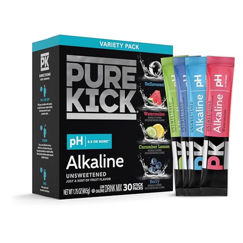 Pure Kick Alkaline Singles to Go! Powdered Drink Mix Packets, 30ct Variety Pack, Unsweetened with a Hint of Flavor - Watermelon, Berry, Cucumber Lemon and Unflavored, 30 Servings per Box (Pack – 1)