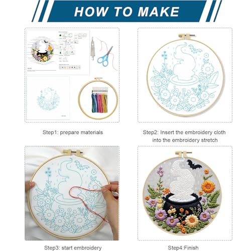 Image of Zhenqing Halloween Cauldron Embroidery Kit for Beginners, Magic Pot Witch Decor Needlework Kit with Pre-Printed Cotton Fabric, Hoop, Threads & Tools, Spooky DIY Wall Art (C0120)