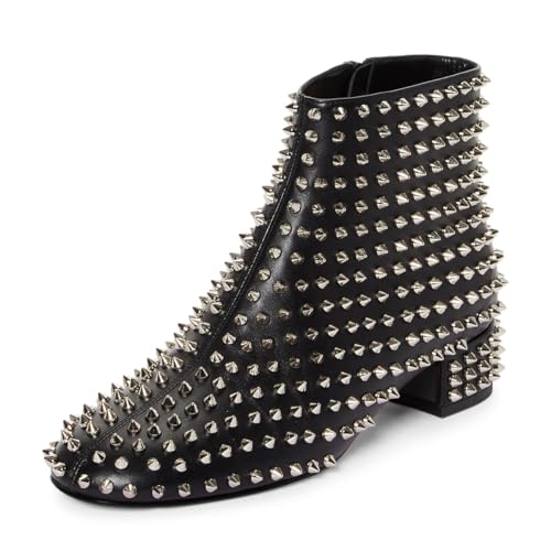 FSJ Women Spikes Ankle Boots Round Toe Block Low Heel Studded Side Zipper Rivets Bootie Fashion Party Outfits Dress Shoes Size 4-16 US