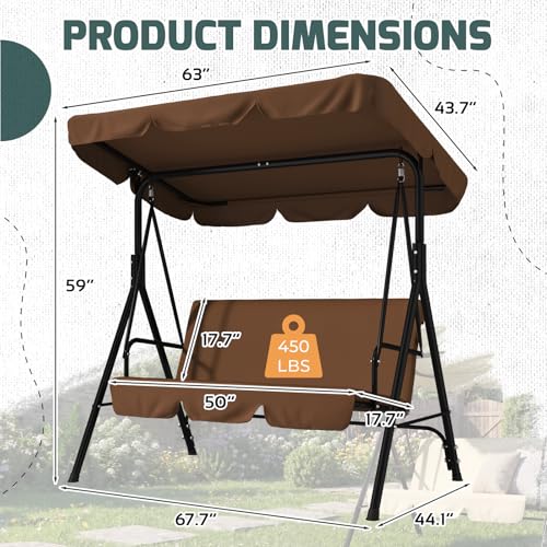 Image of AECOJOY Porch Swing with Stand. 3-Seat Outdoor Clearance Porch Swings for Adults, Outdoor Patio Swing with Adjustable Canopy & Removable Cushion for Backyard, Garden, Yard, Poolside, Balcony (Brown)