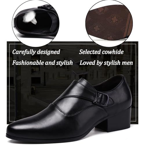 Men's Genuine Leather Slip On Block Heel Casual Loafers Fashion Monk Buckle Comfortable Non Slip Chunky Heel Dress Shoes for Dating Prom Business3