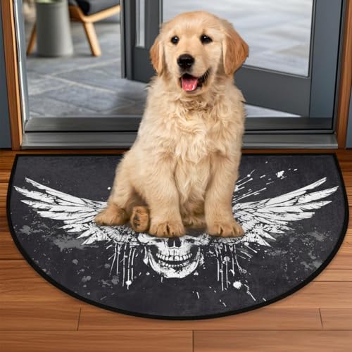 Image of cfpolar Half Round Door Mat Halloween White Skull Non-Slip Semi Circle Area Rug Washable Half Moon Hearth Rugs for Indoor Outdoor Bathroom Kitchen Patio Runner Mat Laundry Room Home Decoration