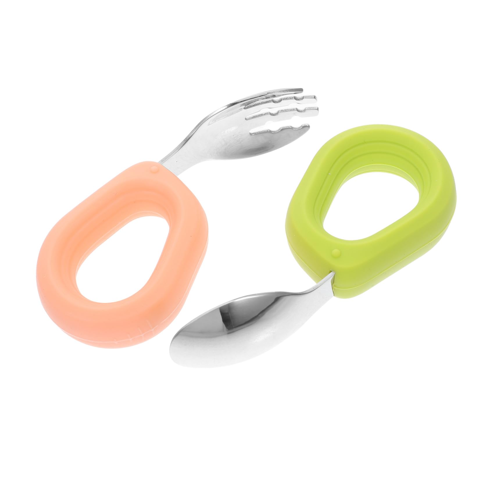 3 Set Posate Acciaio e Silicone Manico Corto Ergonomico Antiscivolo Cucchiaio e Forchetta Curva per Anziani Uso Quotidiano