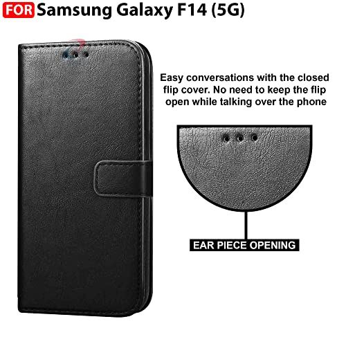 Image of CEDO Flip Cover for Samsung Galaxy F14 (5G) | Leather Finish | Inside Pockets & Inbuilt Stand | Shockproof Wallet Style Magnetic Closure Back Case Flipcover (Black)