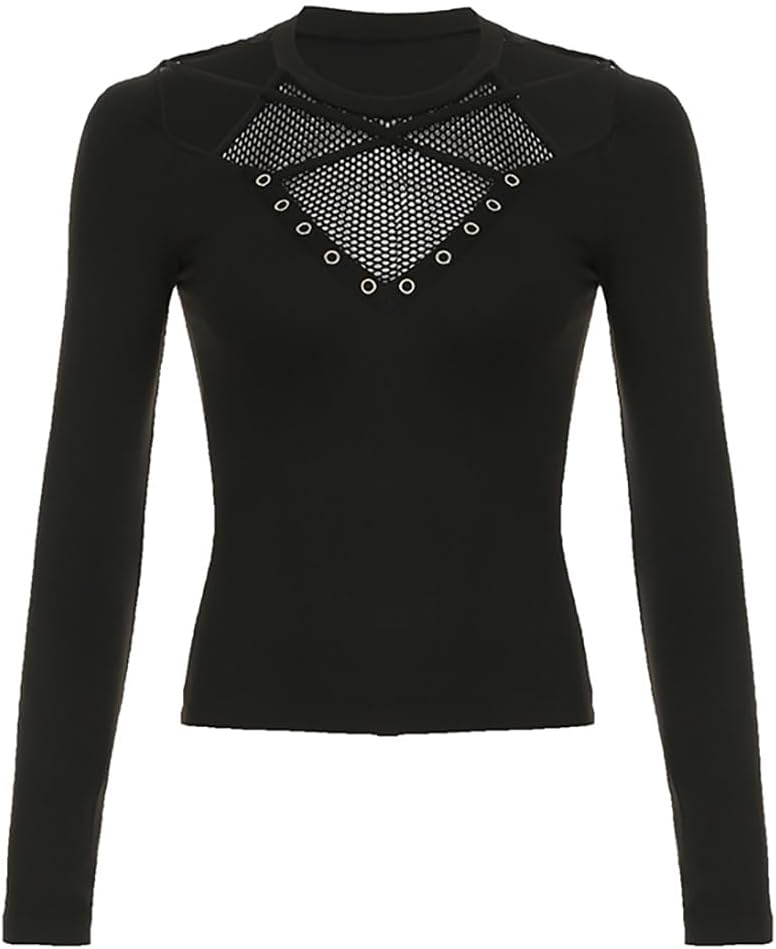 Gothic Punk Black Long Sleeve Mesh Tops for Women Hollow-Out Cross Tie See-Through Slim Fit Going Out T-Shirt - Image 5