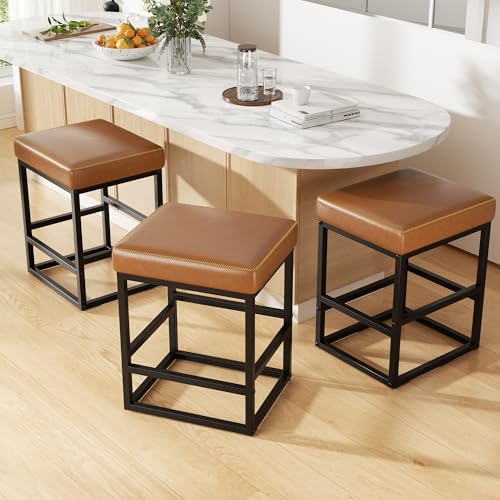 Image of Bar Stools Set of 2, 24in Counter Height Barstools, Faux Leather Counter Stools with Thick Square Seats & Sturdy Metal Base, Modern Bar Chairs for Kitchen Island (Caramel)