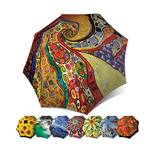 Colorful Rain Umbrella With Hook Handle - Abstract Art Umbrella Klimt Design - Extra Large Umbrella Wind-Resistant - Stick Designer Umbrella For Men And Women - Quality Fashion Umbrella Strong With Sleeve #TOP5