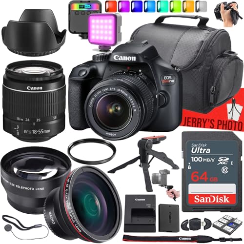 Canon EOS Rebel T100 (4000D) DSLR Camera with Canon EF-S 18-55mm f/3.5-5.6 III Lens, 64 GB Memory, RGB LED Video Light, Wide Angle & Telephoto Lens + More (19pc Bundle) (Renewed)