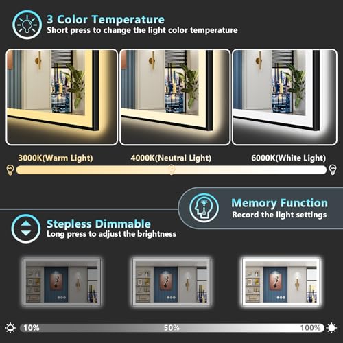 Image of 55x30 Black Framed LED Bathroom Mirror with Lights, Backlit and Front Lit Anti-Fog Lighted Vanity Mirrors for Bathroom Wall, Dimmable, 3-Color Light, Memory, Shatter-Proof, HD Tempered Glass