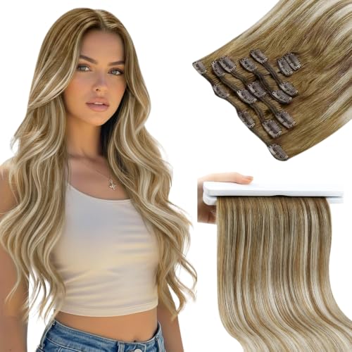 Image of Sunny Hair Clip in Hair Extensions Real Human Hair Light Brown Ombre 150g | 24 Inch Brown Ombre Platinum Blonde Balayage Clip in Remy Hair Extensions Real Human Hair Long Hair,Comfort Wear Travel Hair