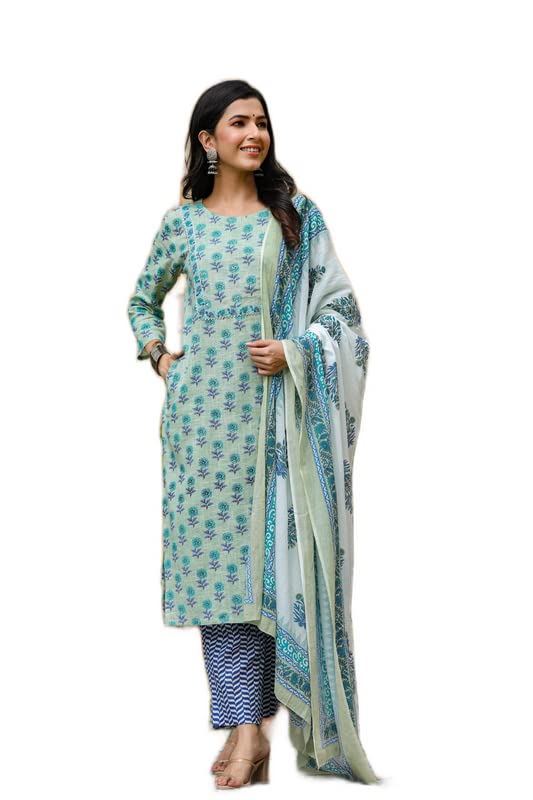 Image of Vaamsi Women's Cotton Blend Printed Kurta Palazzo Dupatta Set (VKSKD1020E 3XL Green)