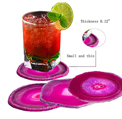 JIC Gem 3-3.5'' Dyed Pink Agate Coasters Sliced Small Size Brazilian Natural Agate Geode Polished with Rubber Bumpers Home Decoration Set of 4 - Thumbnail 4