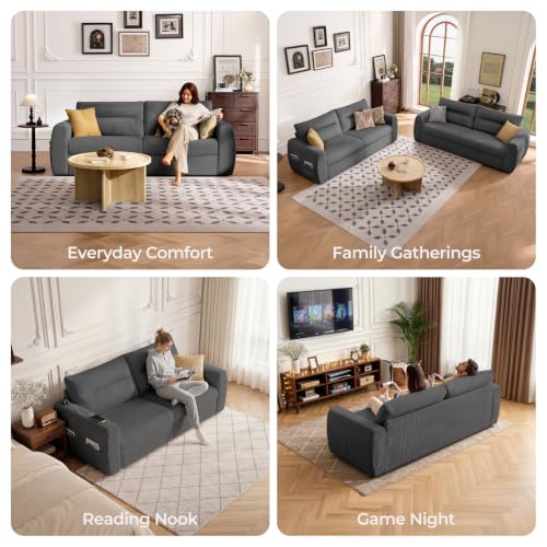 Image of 88.6 inch Modern Storage Loveseat Sofa, Small Couches for Living Room, Grey | Corduroy, USB Charging, Pull-Out Storage, Deep Seat, Comfy Love Seat for Small Spaces, Apartment, Bedroom, Dorm, Office