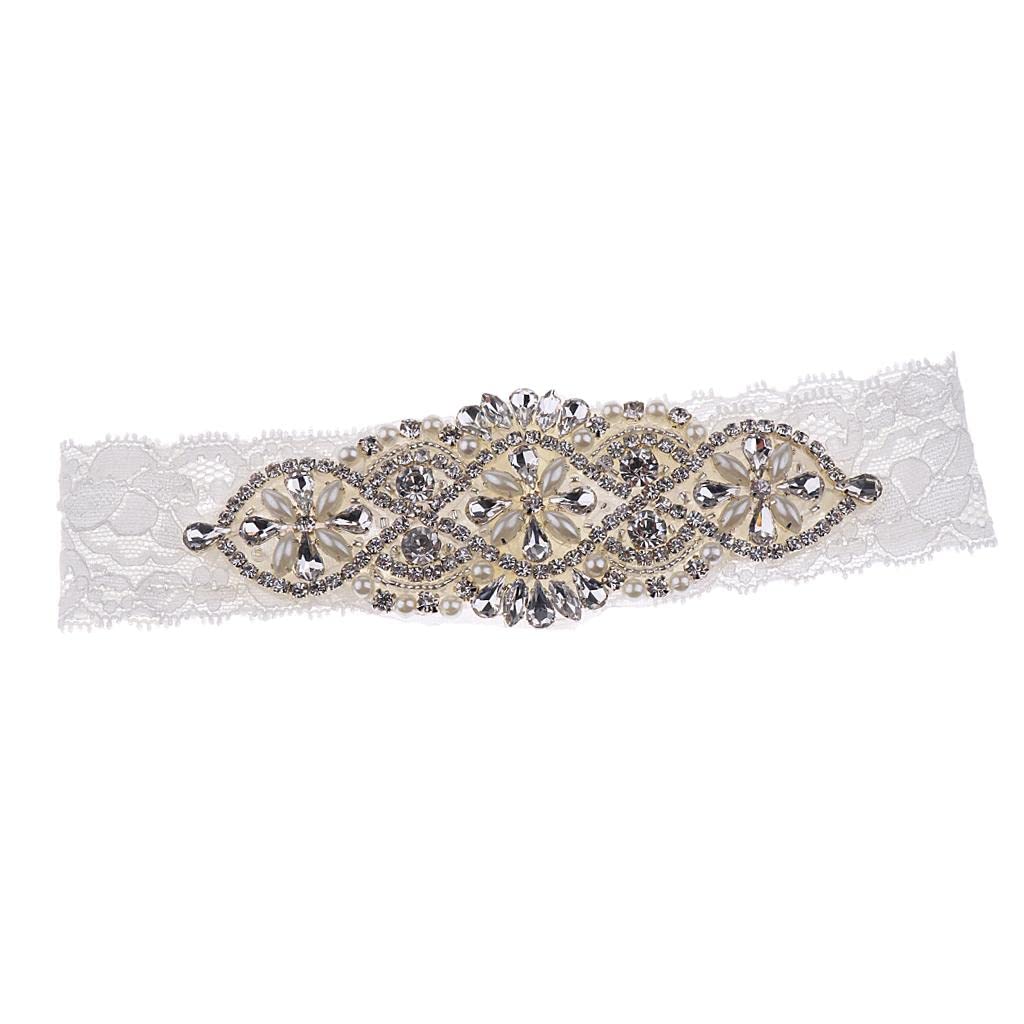 Romantic Wedding Bridal Lace Garter Flower Applique Pearls Rhinestone Garter-image-45