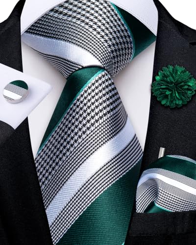 Image of DiBanGu Mens Zipper Tie Silk Pre-Tied Necktie with Gift Box | Jacquard Woven,Paisley Solid Plaid Pattern,6PCS with Pocket Square,Cufflinks and Lapel Pin,for Wedding Party Formal Business