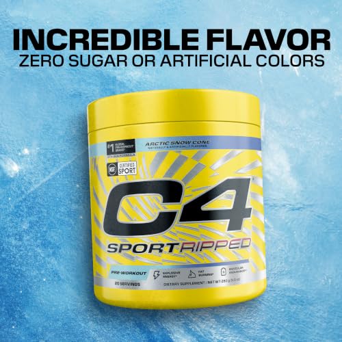Image of C4 Ripped Sport Pre Workout Powder - NSF Certified for Sport - 200mg Caffeine + Cayenne Extract + Carnitine Tartrate + Beta-Alanine - Artic Snow Cone, 20 Servings