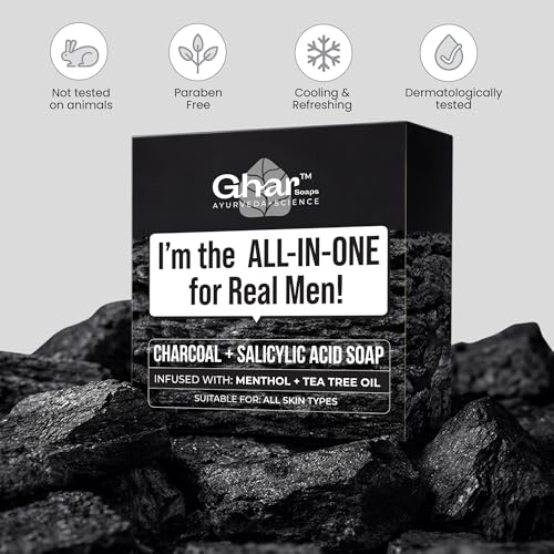 Image of Ghar Soaps activated Charcoal Deep Cleansing Soap | For reducing body acne, controlling oil and odour | With Charcoal Powder, Salicylic Acid, Tea Tree Oil and Menthol | For all skin types (Pack of 1)
