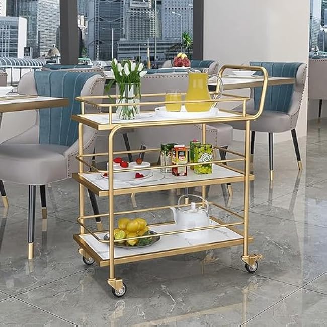 Modern Black and Gold Rolling Cart with Lockable Wheels - 3-Tier Serving Shelf Stylish Storage Solution for Kitchen and Living Room Versatile Beverage Cart.-H2lmeFHK