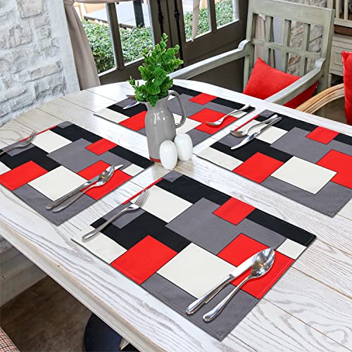 Red Grey Black White Placemats Set Of 4,Geometric Square Table Place Mats Waterproof Burlap Washable Dining Placemats For Home Kitchen Decorations (Red Grey Black White, 12" Wx18 L) #TOP7