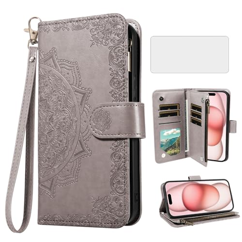 Étui iPhone 15 gris avec porte-carte pour hommes et femmes actifs