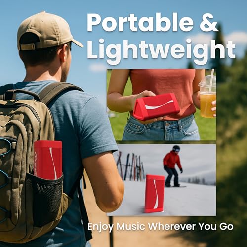 Image of Oontz Upgraded Angle 3 Portable Bluetooth Speaker 5.0-10W Sound, 14-Hr Battery, 100ft Wireless Range, IPX5 Water-Resistant, Budget Small Speaker, Great White Elephant Gifts for Adults (Coca-Cola Red)