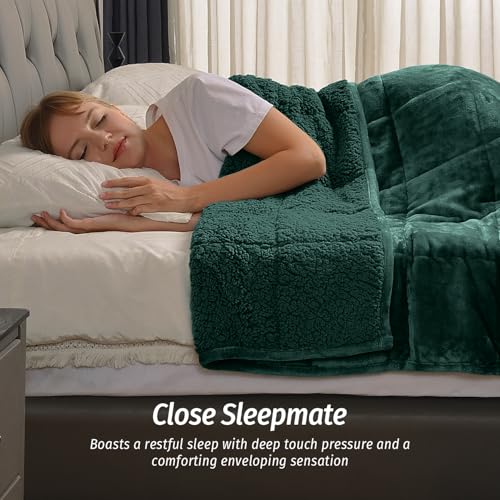 Wemore Sherpa Fleece Weighted Blanket for Adult, 15 lbs Dual Sided Cozy Fluffy Heavy Blanket, Ultra Fuzzy Throw Blanket with Soft Plush Flannel Top, 80 x 87 inches, Green on Both Sides