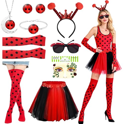 Costume de coccinelle pour femmes, ensemble de 9 costumes de coccinelle pour adultes, costumes de carnaval de coccinelle pour femmes, cosplay, costume rouge et...
