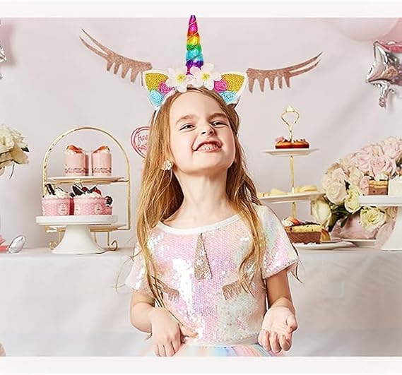 2 Pcs Rainbow Unicorn Headband Hair Bands Flower Glitter Ears Photo Props Hair Accessories, Headwear Accessory for Birthday Party Decoration Cosplay Costume 3 years plus